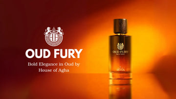 Elegant bottle of Oud Fury eau de parfum by House of Agha, featuring oud wood and black gold from the aquilaria tree.