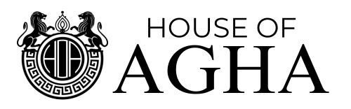 Vertical logo of aghaperfumes by House of Agha, showcasing luxury  perfumes with black gold elegance.